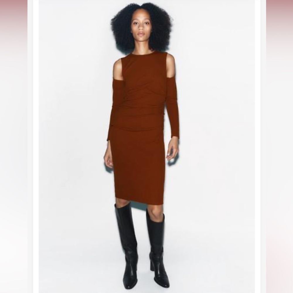 NWOT Zara Cinnamon ruched shoulder cutout dress